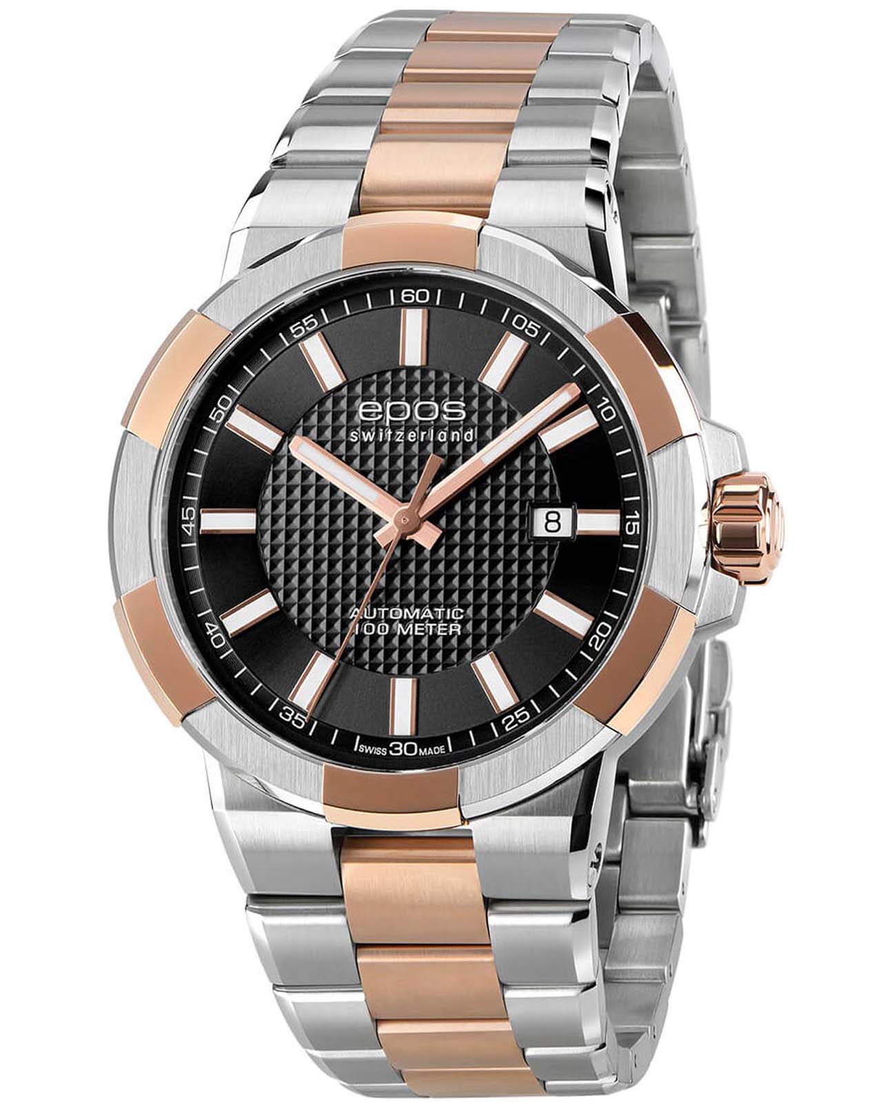 Epos Epos Sportive 3443.132.34.15.44  3443.132.34.15.44 механические мужские часы черный циферблат, браслет нержавеющая сталь с pvd-покрытием — вид спереди